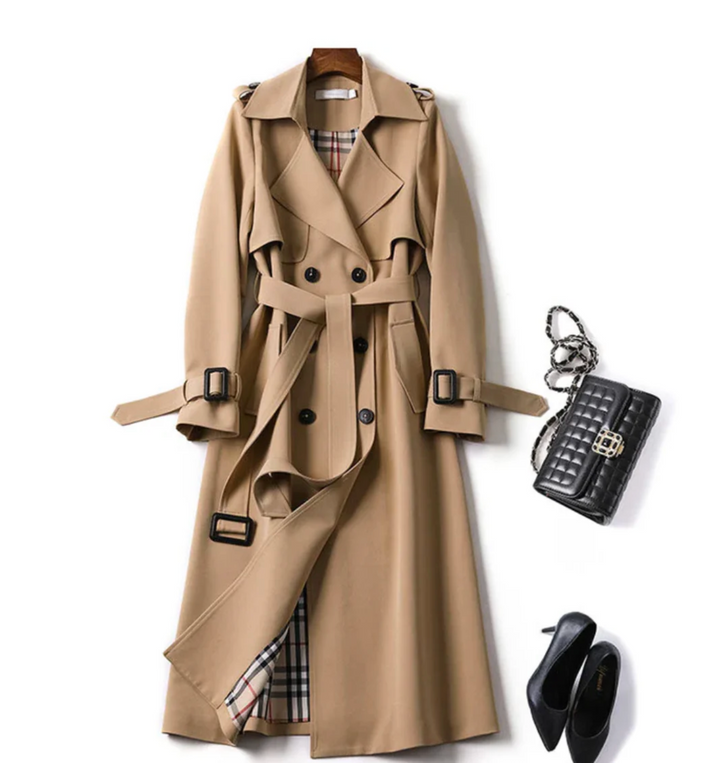 Trench long élégant pour femme, ceinturé, imperméable. Idéal mi-saison printemps/automne, chic et coupe-vent.