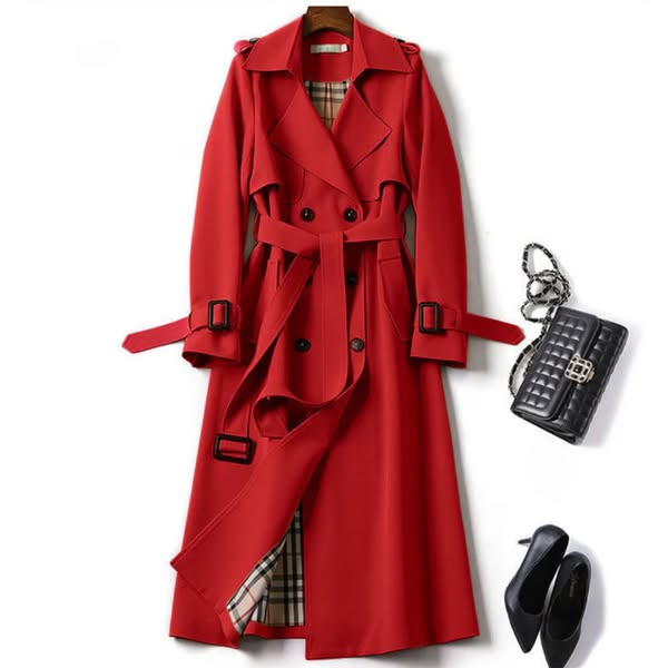Manteau trench long pour femme, ceinturé et imperméable. Élégance mi-saison, protection chic contre le vent et pluie.