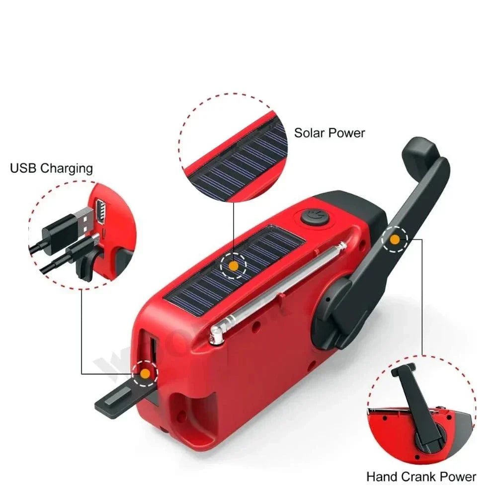 Radio d'urgence multifonctionnelle : énergie solaire, dynamo manivelle, powerbank et lampe torche. Idéale pour le camping.