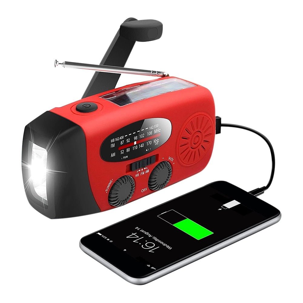 Radio d'urgence solaire et portable avec manivelle, tuner FM/AM et power bank intégré pour la survie en extérieur.