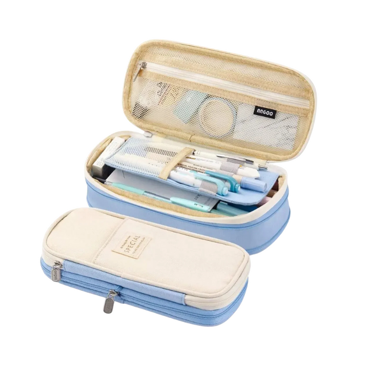 Trousse scolaire compacte et organisée pour étudiants, avec double fermeture éclair et rangement stylos/crayons.