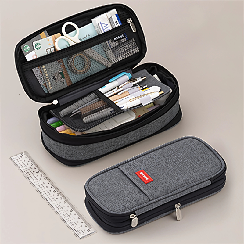 Organiseur de fournitures pour étudiant ou bureau, trousse à crayons spacieuse avec double fermeture éclair et poches.