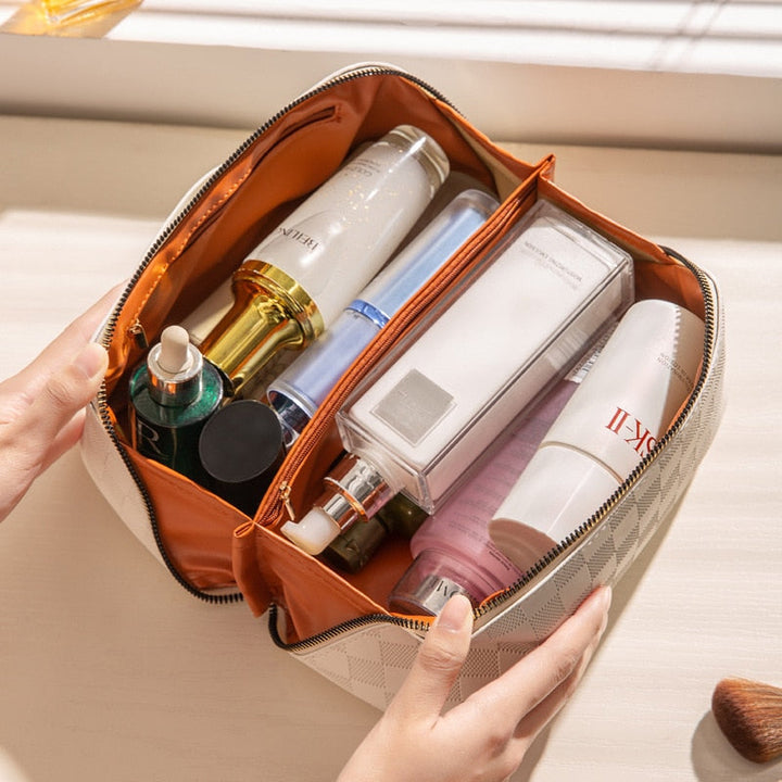 Organisateur de maquillage à carreaux pour femme, grand rangement cosmétique pratique pour la maison ou les voyages.