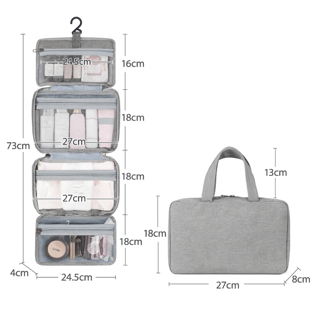 Trousse de toilette suspendue pour voyage, offrant un rangement multi-poches compact pour cosmétiques et accessoires d'hygiène.
