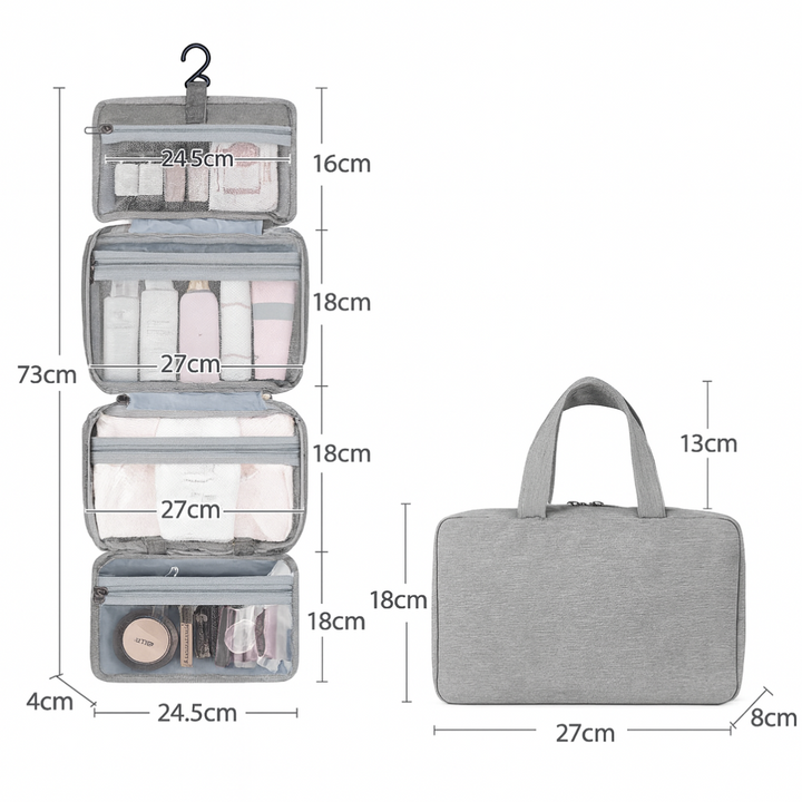 Trousse de toilette suspendue pour voyage, offrant un rangement multi-poches compact pour cosmétiques et accessoires d'hygiène.