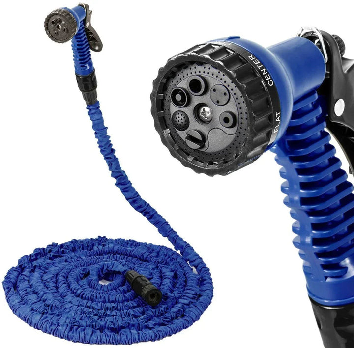 Pistolet multifonction pour tuyau de jardin extensible, offrant plusieurs jets pour l'arrosage et le nettoyage efficace.