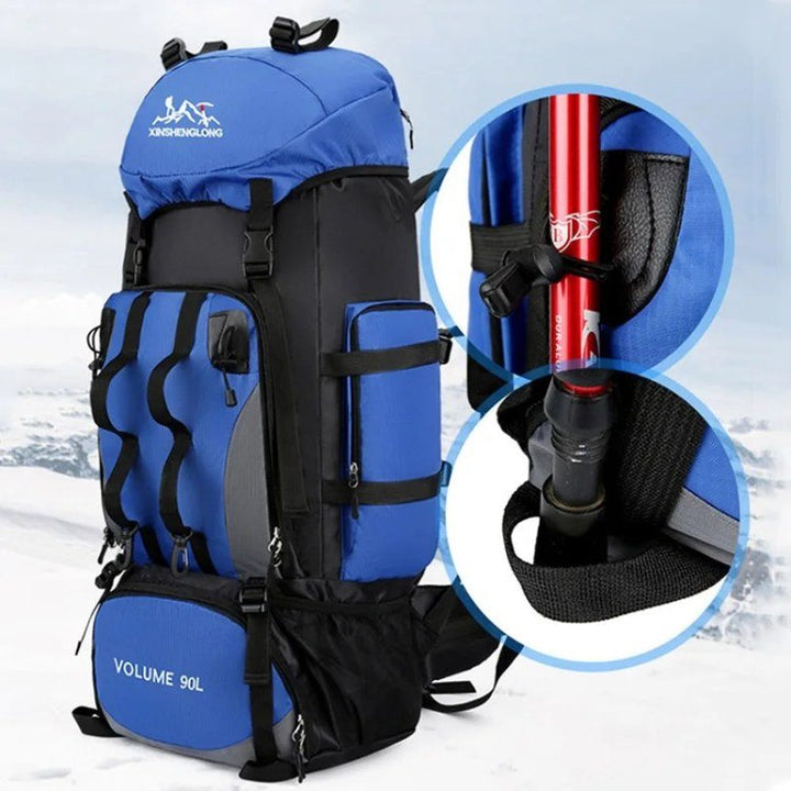 Sac à dos 90L grande capacité pour randonnée, équipement plein air. Robuste et confortable pour les expéditions.