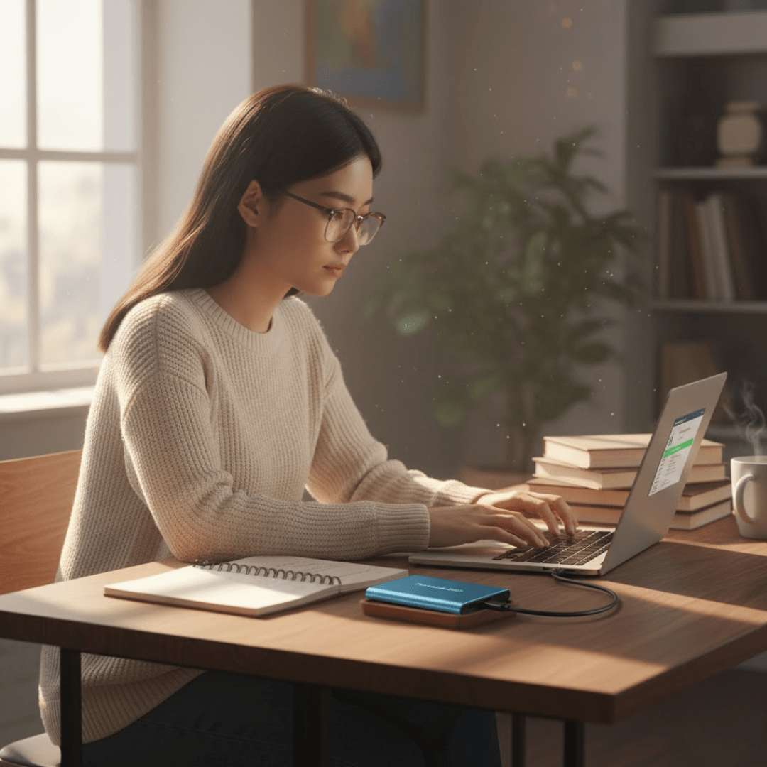 Disque SSD externe portable USB C rapide, idéal pour sauvegarde et transfert de fichiers importants.