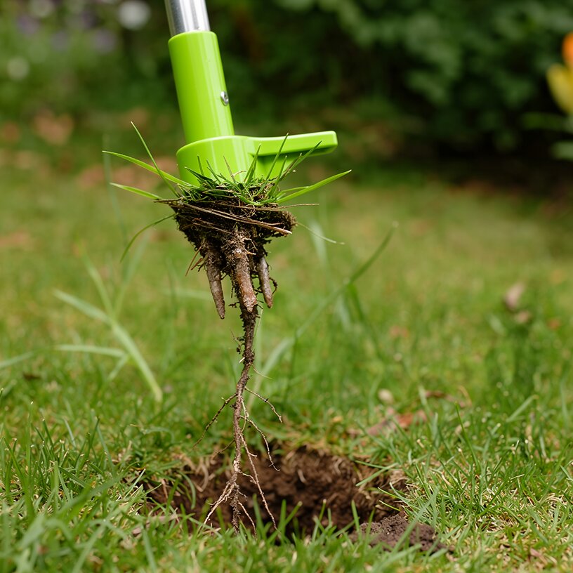 Désherbeur de jardin ergonomique en acier inoxydable pour éliminer facilement les mauvaises herbes avec leurs racines.