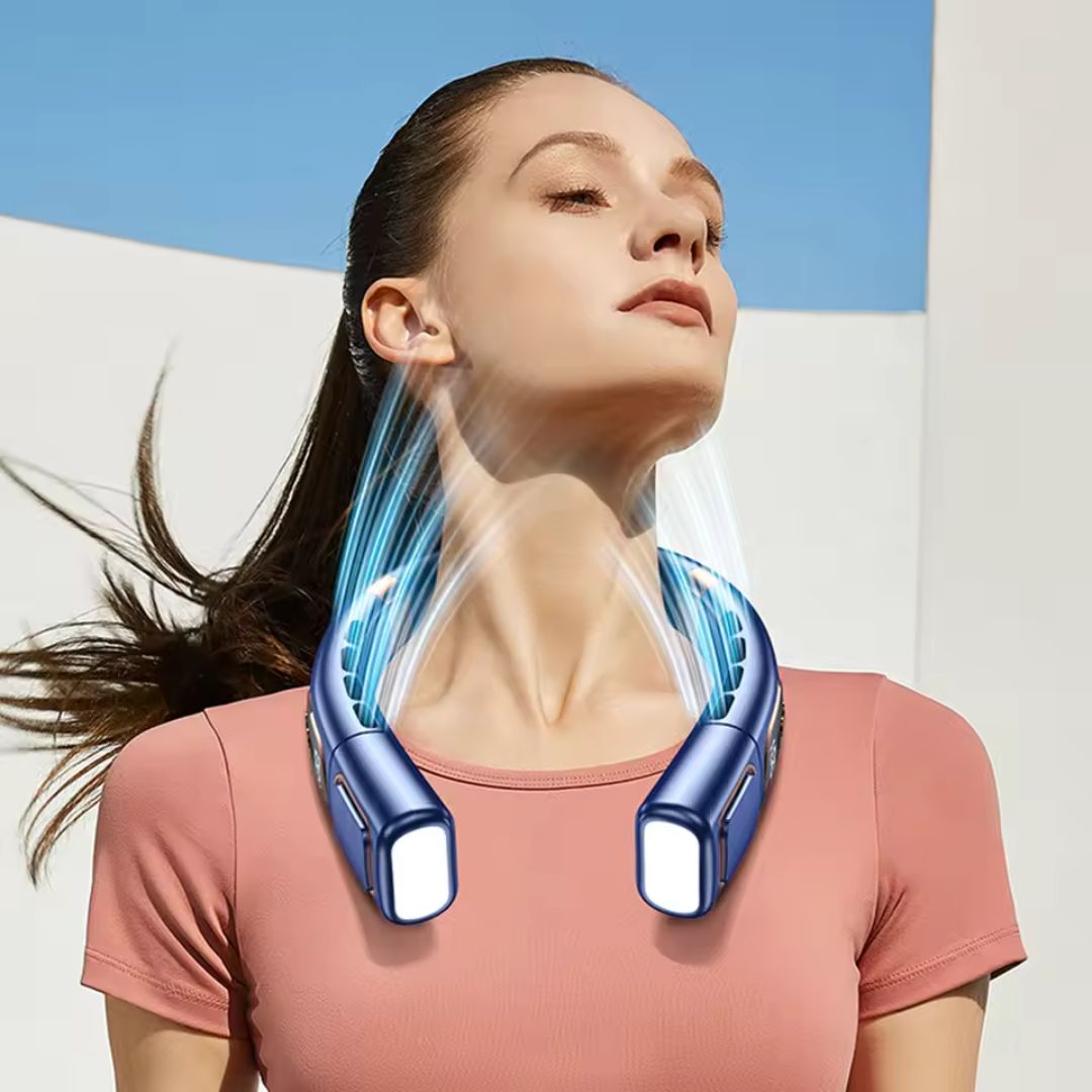 Ventilateur de cou portable noir, mains libres, pour une fraîcheur 360° en été.