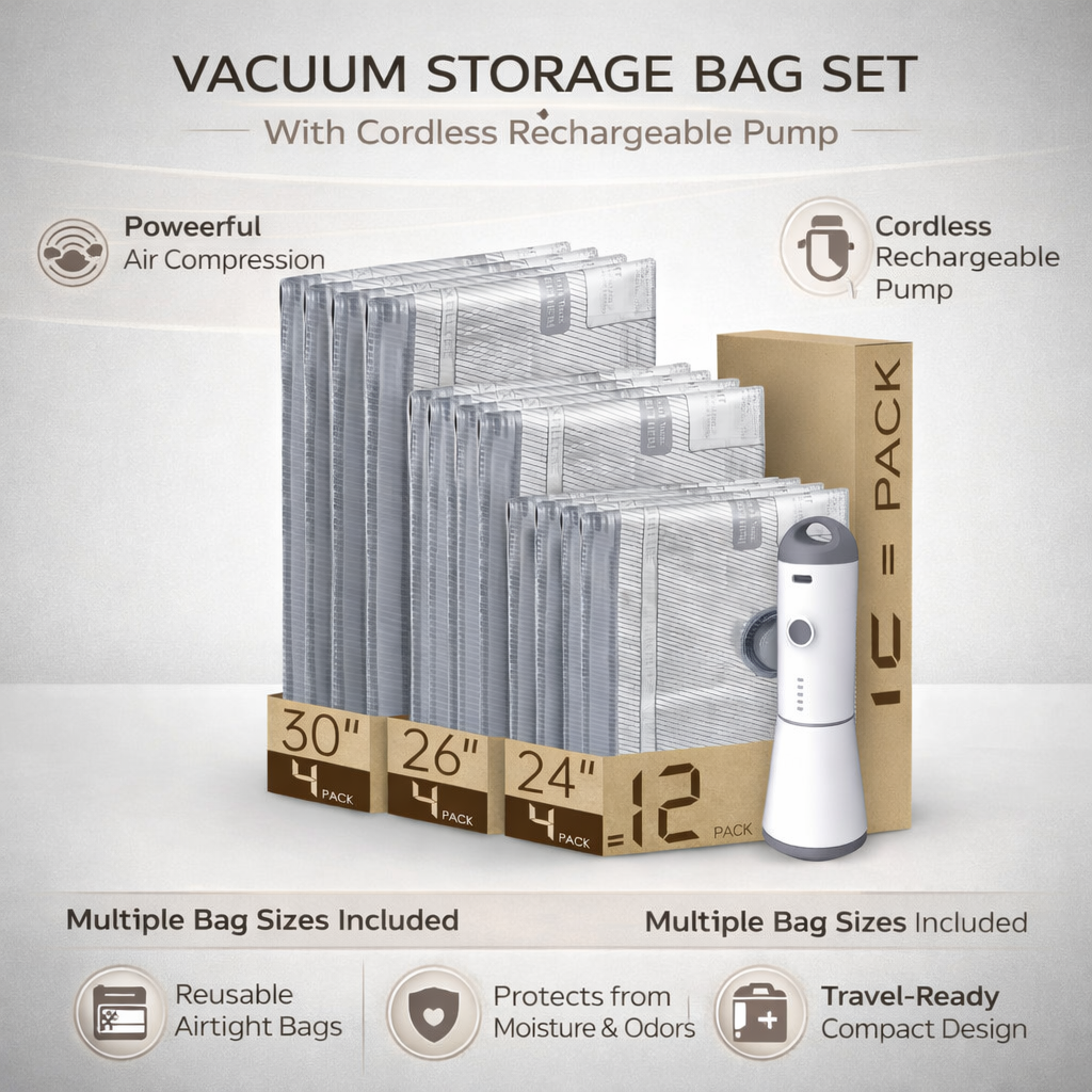 Sacs de compression sous vide robustes pour réduire le volume des vêtements, organisation efficace.