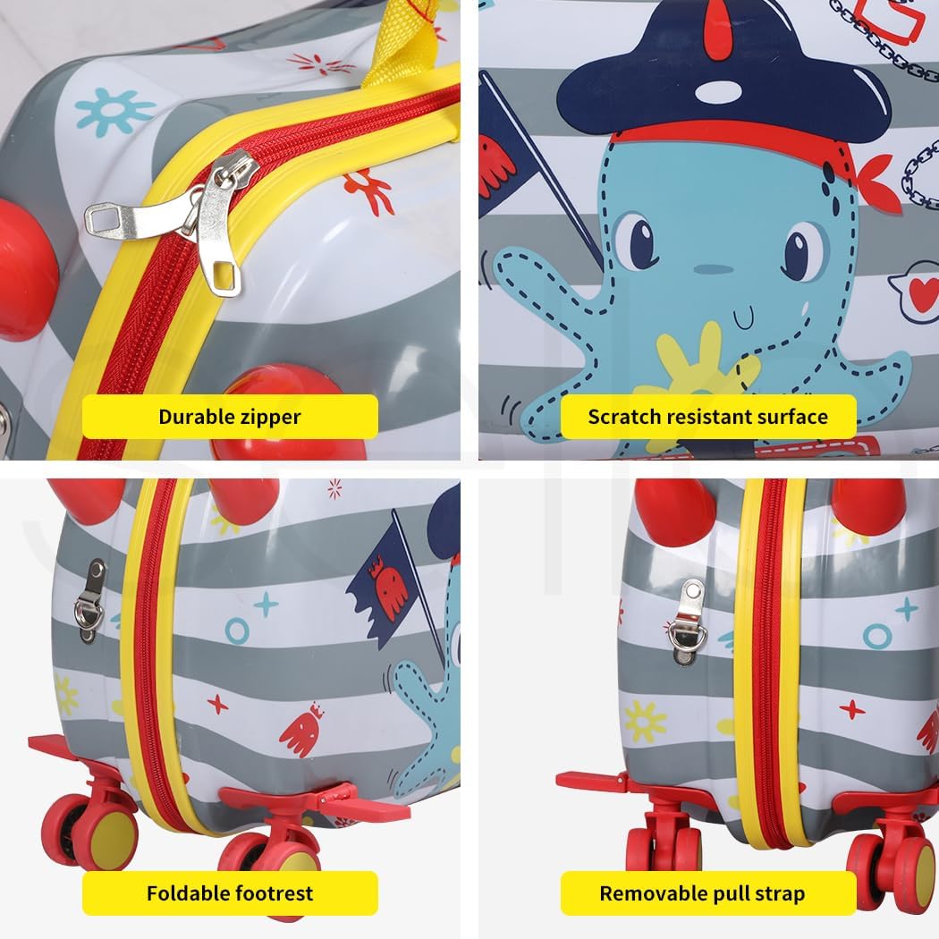 Valise porteur à roulettes 360° pour enfant, accessoire de voyage ludique et jouet pratique.