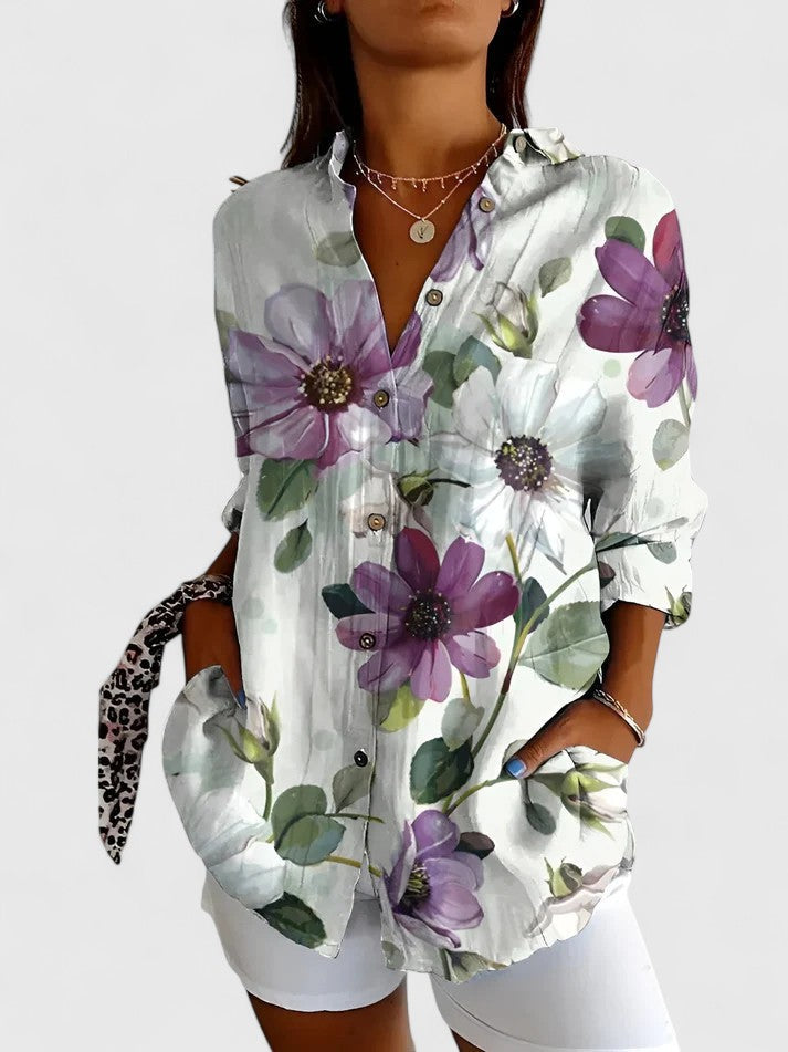 Chemisier femme printanier, blouse fleurie mode féminine. Confortable et polyvalent pour l'été.