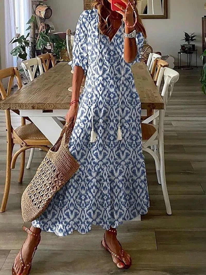 Robe longue femme bohème fluide et légère, idéale pour le confort estival, style aéré et décontracté chic.
