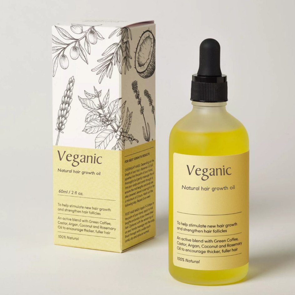 Flacon d'huile de croissance capillaire naturelle et vegan pour des cheveux sains et une chevelure dense. Soin anti-chute.