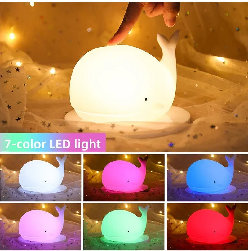 Douce veilleuse baleine pour enfants, lampe de chevet LED changeante de couleur, parfaite pour un bébé.