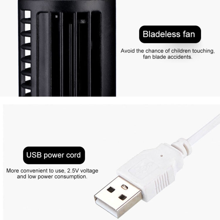 Ventilateur de bureau sans pales noir, design moderne, rafraîchissement silencieux et efficace via USB.