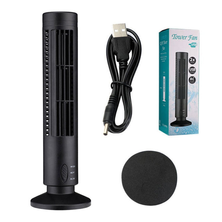Ventilateur colonne USB noir, design sans pales élégant, portable et silencieux pour bureau ou chambre.