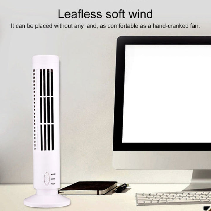 Ventilateur de bureau compact noir, alimenté par USB, technologie sans pales pour un rafraîchissement silencieux.
