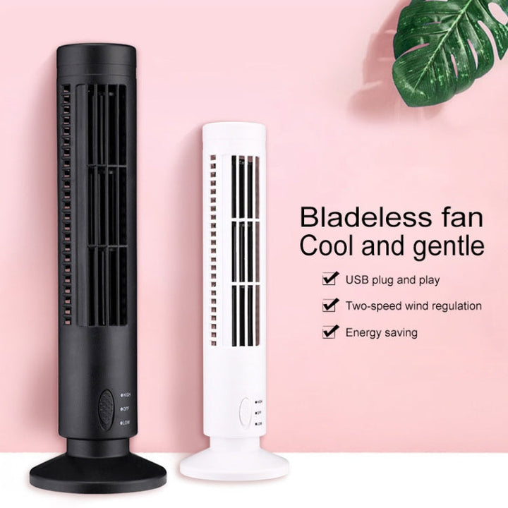Ventilateur colonne USB portable noir, sans pales, offrant un rafraîchissement silencieux et puissant pour le bureau.
