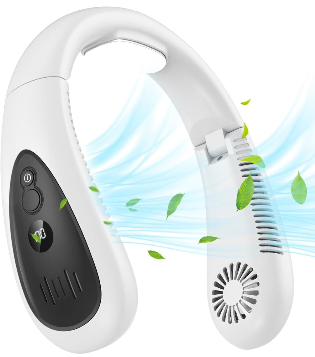 Ventilateur de cou portable et pliable, noir, sans pales, silencieux, parfait pour le voyage ou le sport.