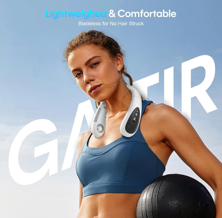 Ventilateur de cou sans pales rechargeable USB, design pliable pour une fraîcheur personnelle discrète.