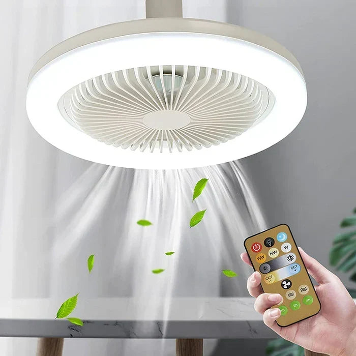 Ventilateur de plafond LED moderne avec télécommande, idéal pour rafraîchir et éclairer maison ou bureau.