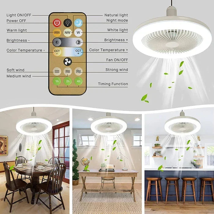 Design élégant ventilateur de plafond LED avec lumière intégrée et contrôle à distance pour intérieur contemporain.