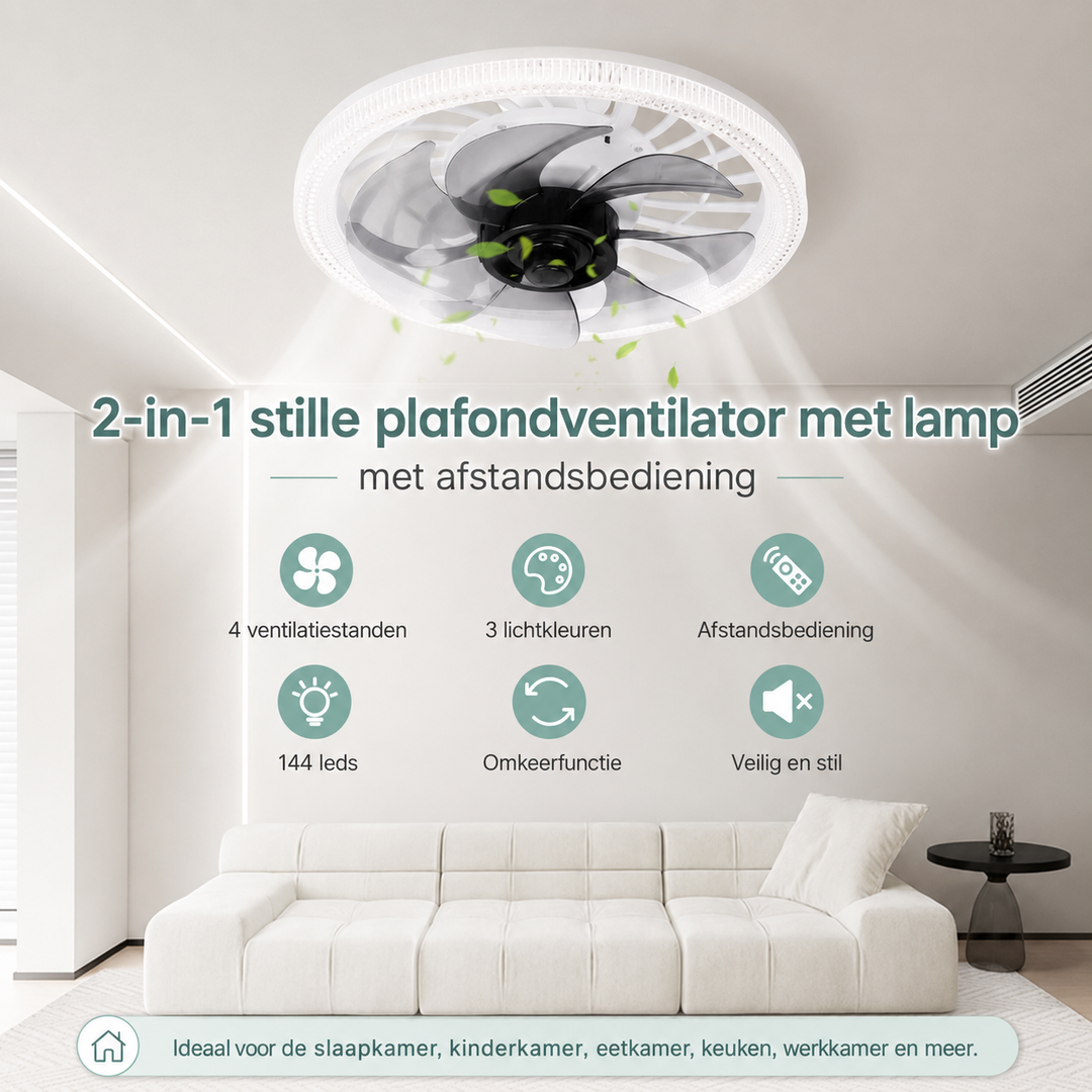 Ventilateur de plafond moderne avec éclairage LED intégré, idéal pour salon ou chambre à coucher, silencieux.