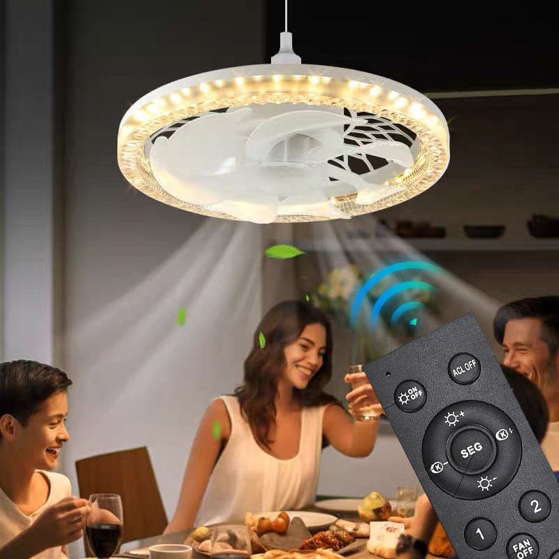 Ventilateur de plafond LED design avec lames discrètes et lumière ambiante pour intérieur moderne.