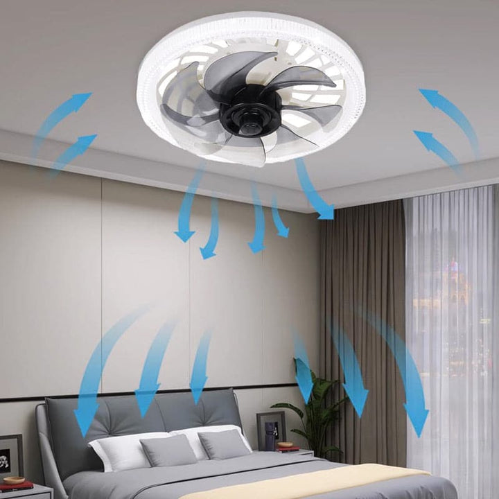 Ventilateur de plafond LED économe en énergie avec plusieurs vitesses et mode lumière pour intérieur élégant.