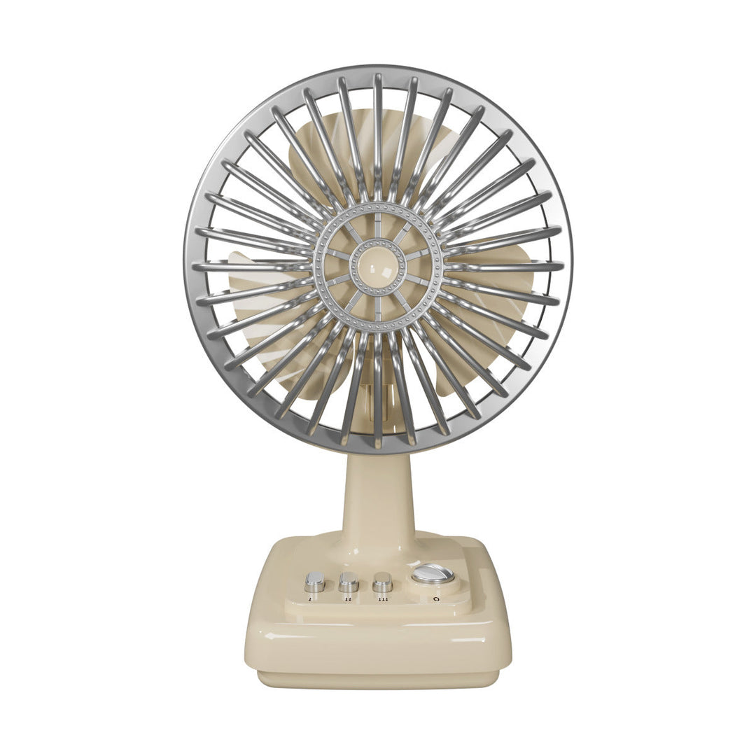 Ventilateur d'été portable et compact, design rétro pour table, parfait pour rafraîchir bureau ou maison.
