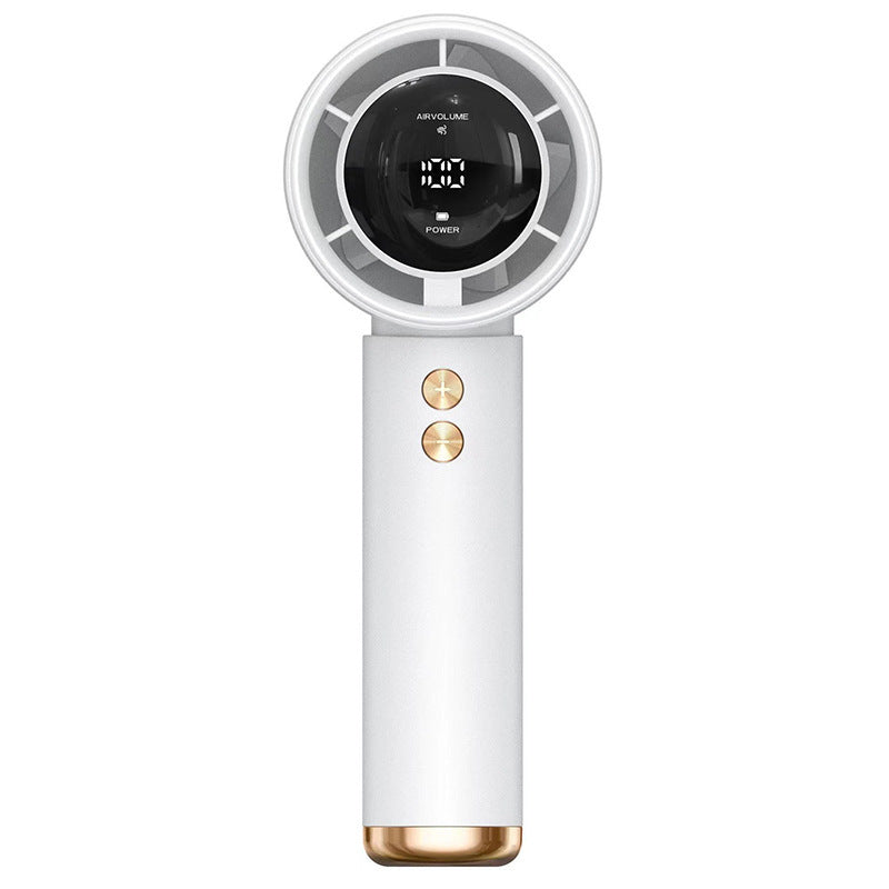 Ventilateur portable numérique compact pour femme, disponible en noir, blanc, rose, parfait pour l'été.