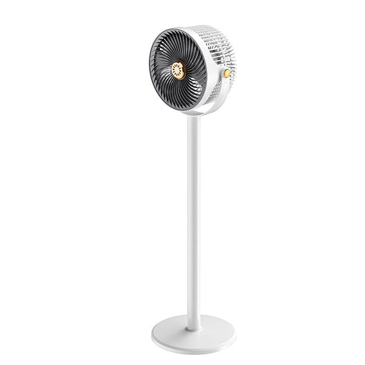 Ventilateur sur pied silencieux gris et blanc avec oscillation 360° et télécommande. Idéal pour le confort maison.