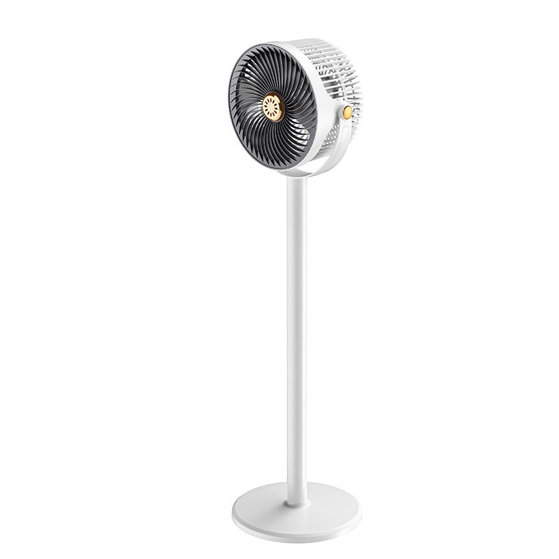 Ventilateur sur pied élégant gris et blanc, oscillation 360°, silencieux. Contrôle facile avec télécommande pour l'été.