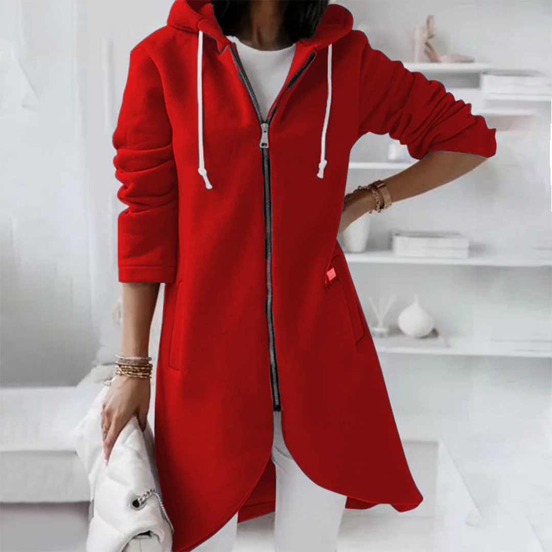 Veste longue femme élégante à capuche, coupe A-line, idéale pour l'automne et le printemps. Style chic décontracté.