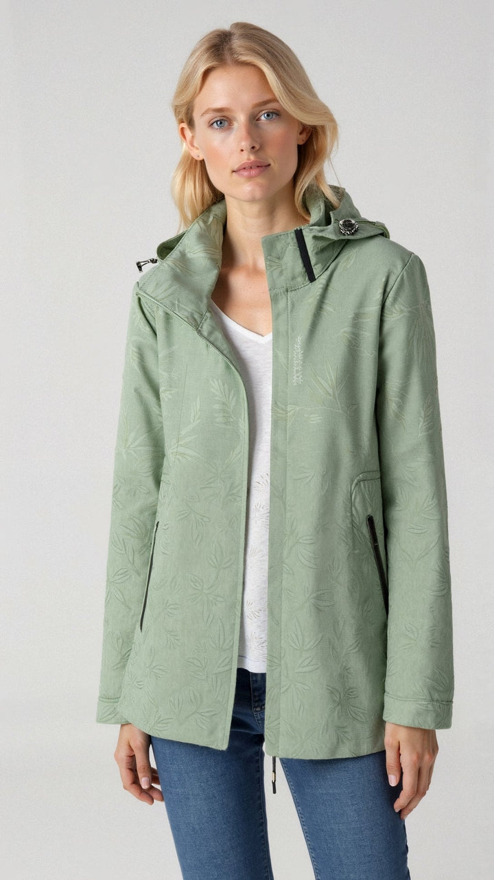 Veste femme décontractée à capuche zippée, motif floral pour un style frais et moderne.