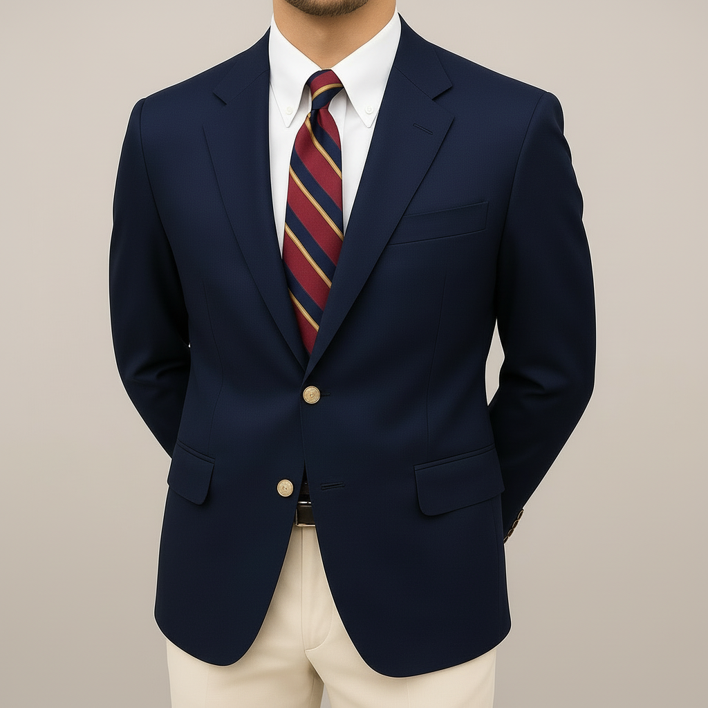 Blazer cintré élégant pour homme, parfait pour le printemps. Style chic bleu marine, idéal pour le business ou décontracté.