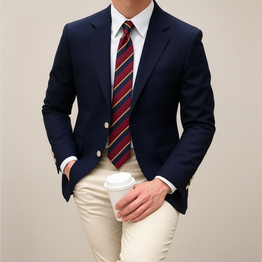 Blazer homme cintré bleu marine, style printanier chic. Idéal pour un look élégant et décontracté ou business.
