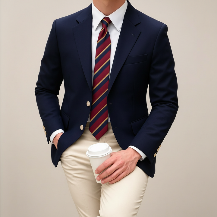 Blazer homme cintré bleu marine, style printanier chic. Idéal pour un look élégant et décontracté ou business.