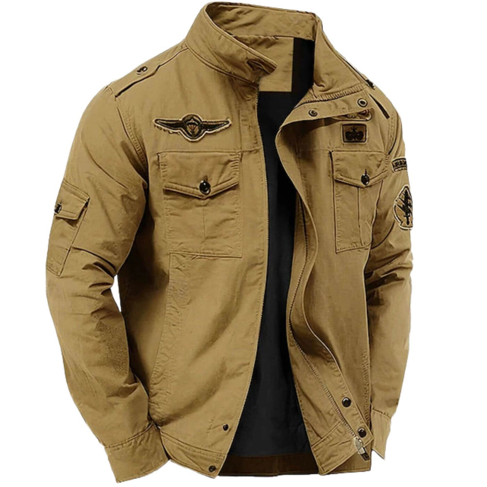 Veste homme élégante et robuste en coton style militaire, parfaite pour la mode masculine casual et le printemps.