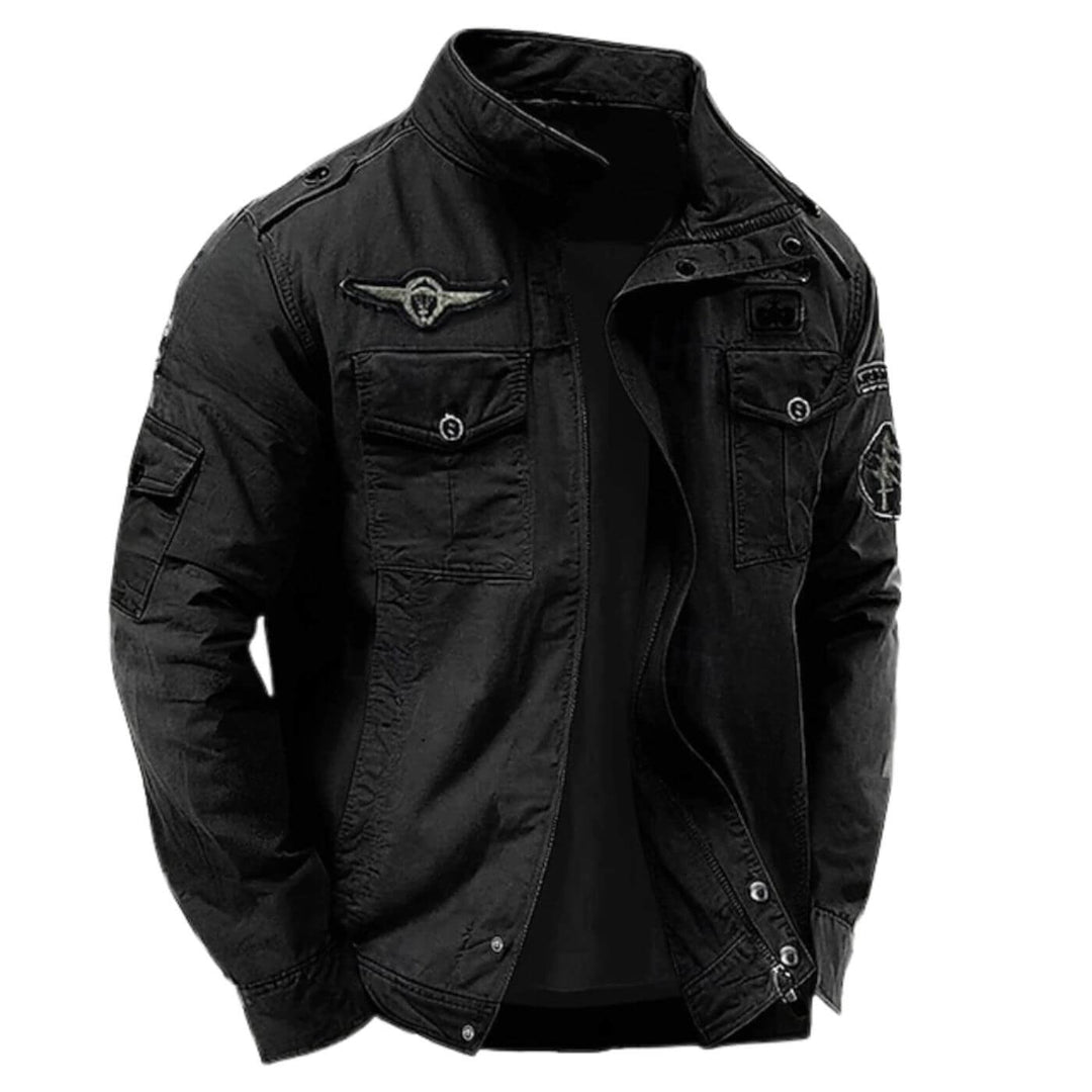 Veste homme cargo militaire en coton résistant, design intemporel avec col montant, pour un style casual printemps.