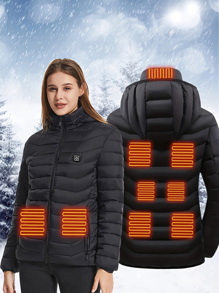 Veste chauffante femme USB pour hiver, offrant chaleur réglable et confort thermique. Idéale plein air.