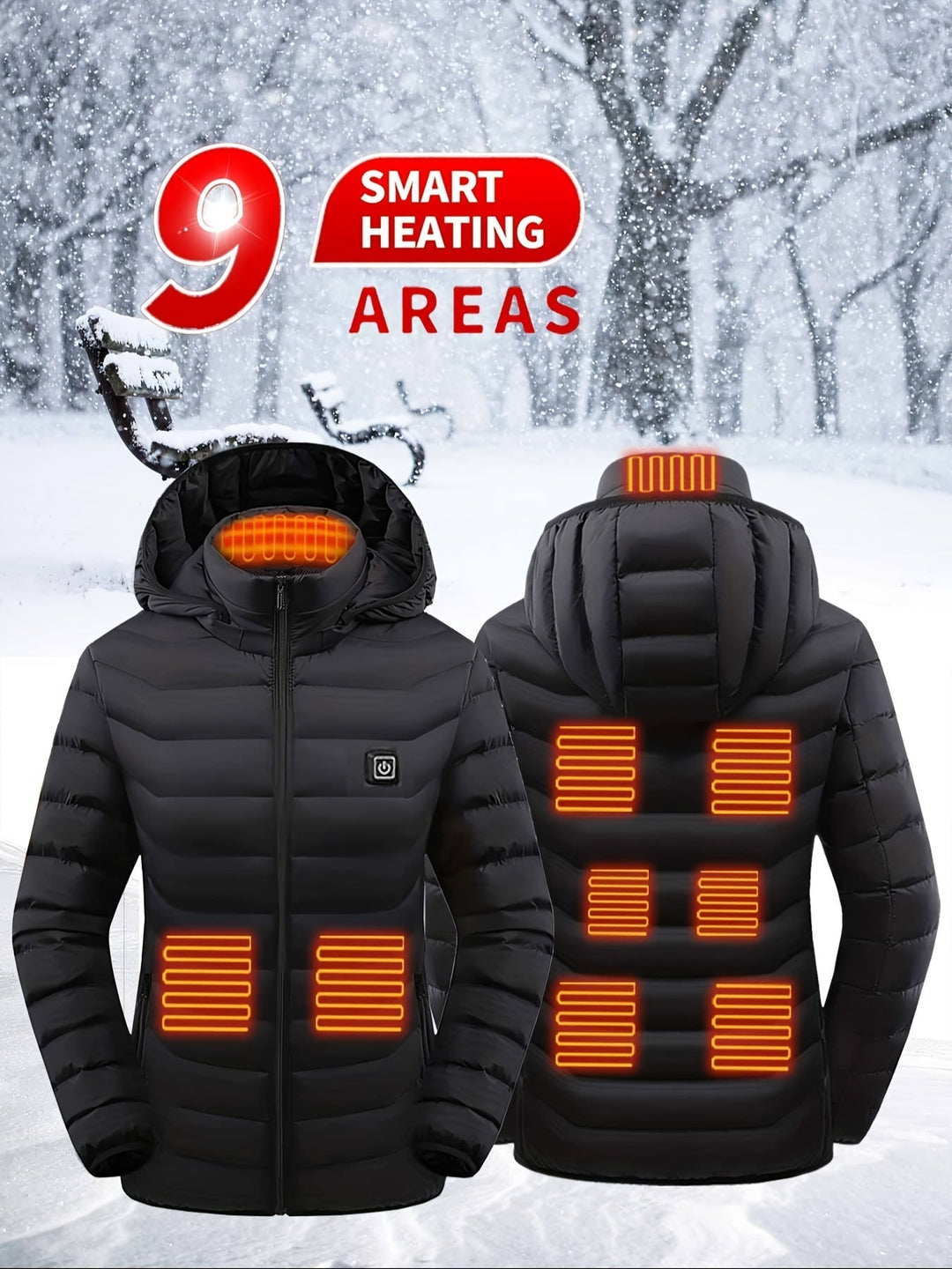 Veste chauffante femme pour randonnée, camping et sport d'hiver, offrant chaleur USB réglable et protection.