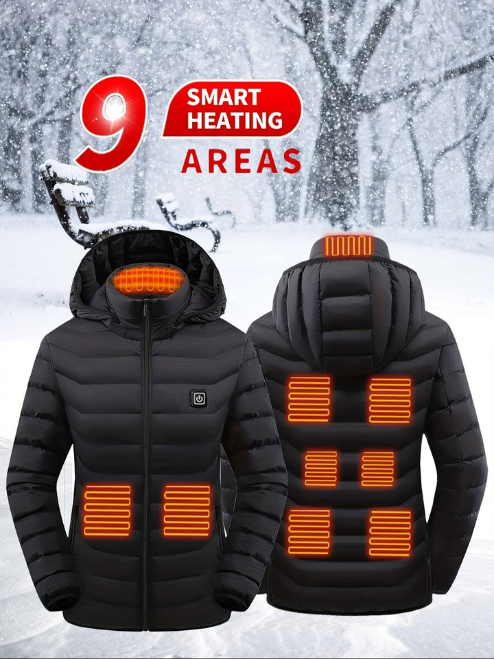 Veste chauffante femme pour randonnée, camping et sport d'hiver, offrant chaleur USB réglable et protection.