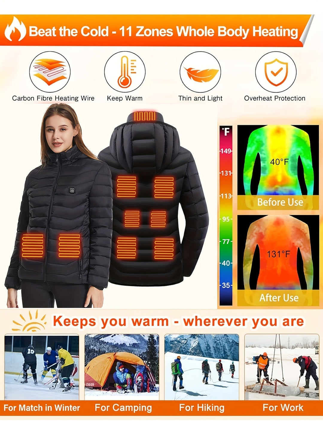 Manteau femme chauffant USB discret, parfait pour l'hiver et les activités extérieures, assure chaleur et style.