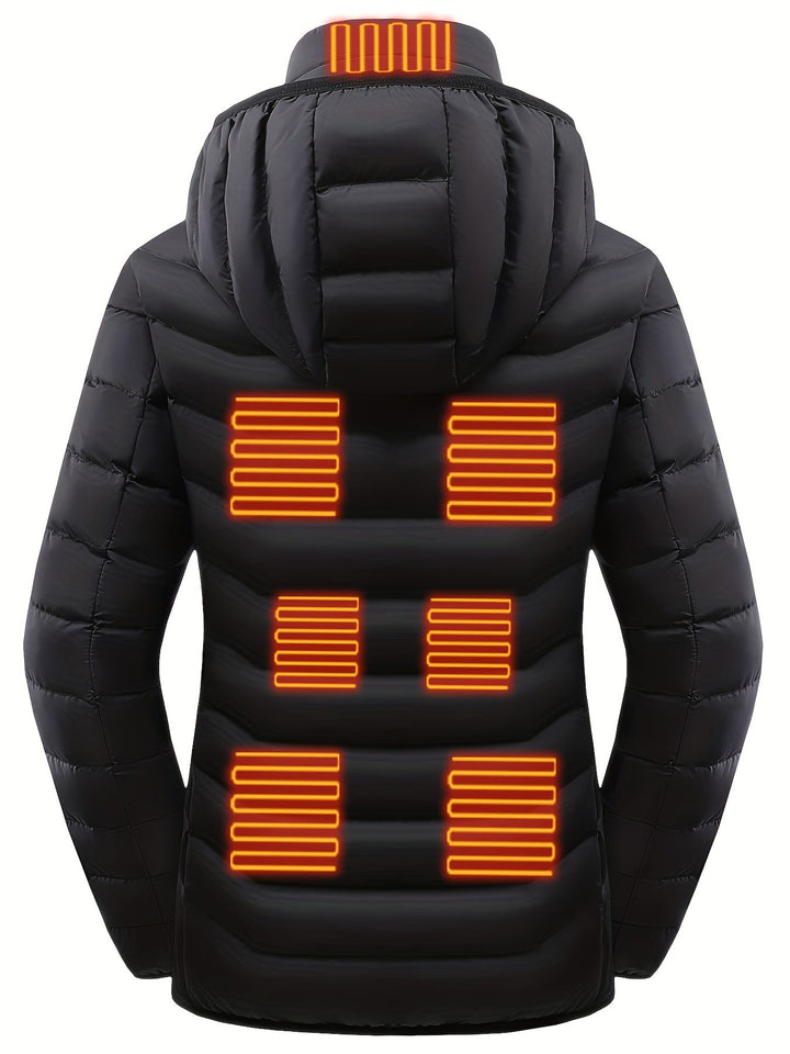 Détail de la veste chauffante femme USB, montrant les éléments de chauffe réglables pour un confort thermique en hiver.
