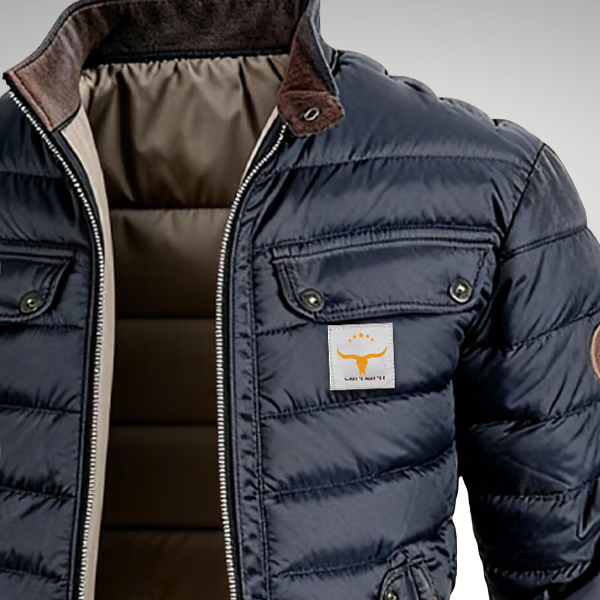 Élégante veste homme urbaine mi-saison bleu marine, coupe ample confortable avec col montant protecteur et stylé.