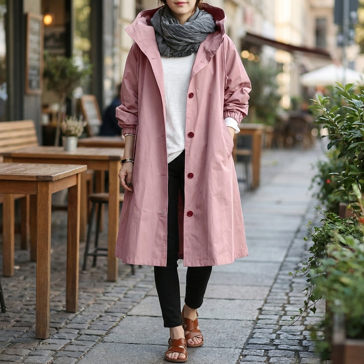 Vêtement de pluie femme tendance : Veste imperméable coupe oversize, idéale pour un look chic et décontracté.