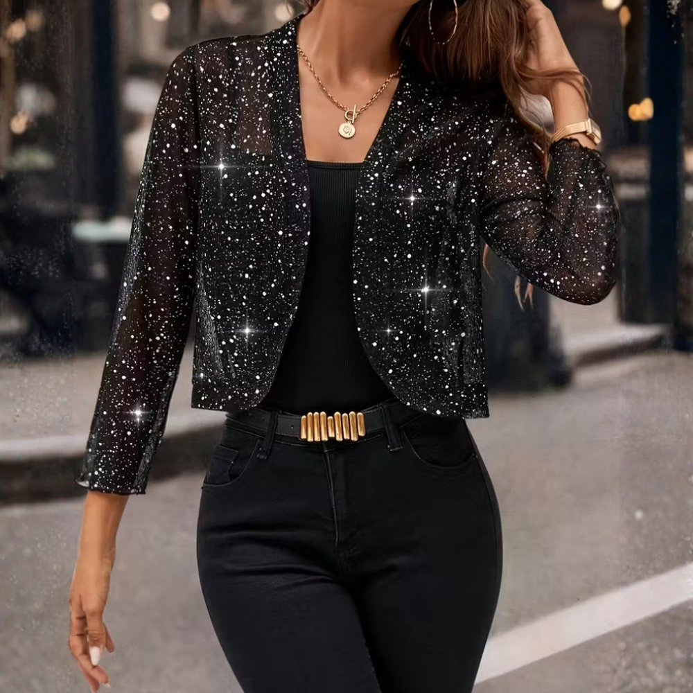 Veste élégante à paillettes ouvertes pour femme, parfaite pour ajouter une touche glamour à votre tenue de soirée.